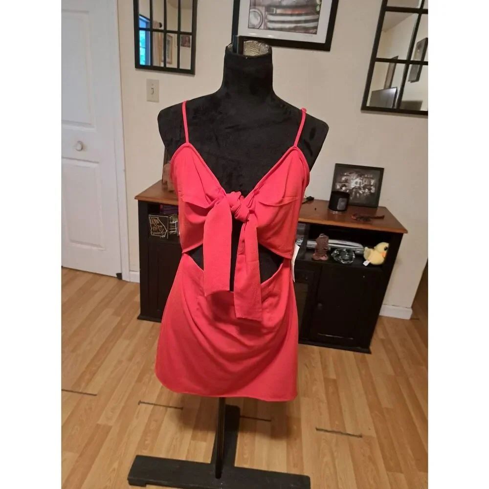 New Large Tobi Sexy Red Spaghetti Strap Open Mid Drift Tie Chest Zip Mini Dress